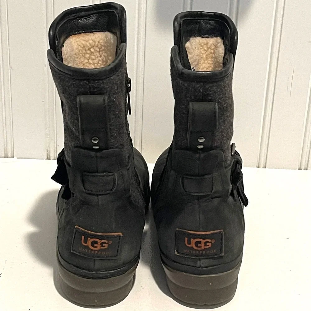 UGG‎ Simmens Waterproof Boot Womens 8.5 Black Leather Wool Moto Buckle 1005285